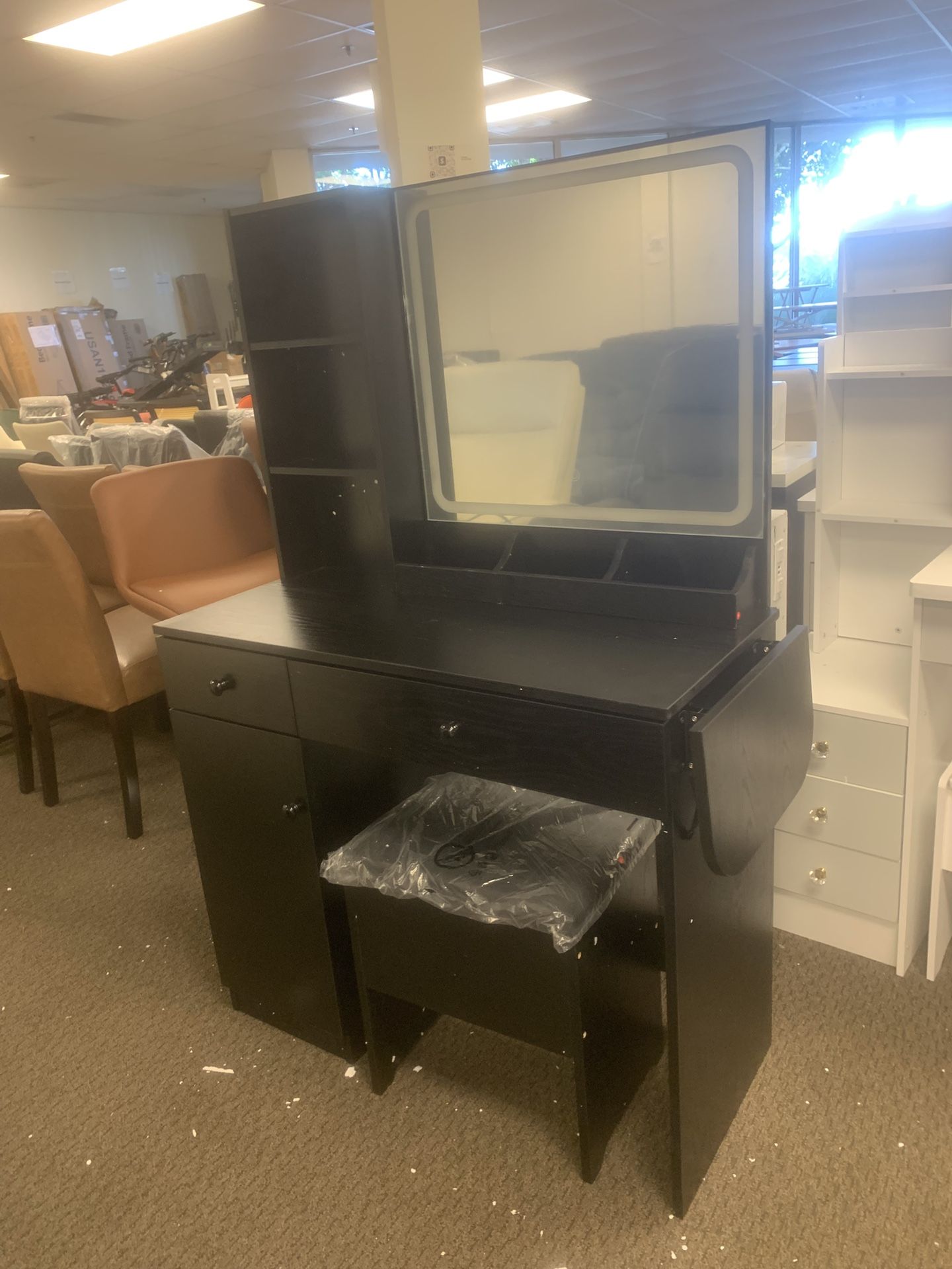 Vanity Desk Set with Mirror and LED Lights, Makeup Table with 2 Drawers & 1 Cabinet, Power Outlet, Storage Cushioned Stool, Dressing Table for Bedroom