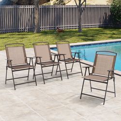 Set of 4 Outdoor/ Patio/ Garden/ Backyard Texteline Foldable Dining Chairs, All-weather Folding Lawn Chairs with Backrest/ Armrests