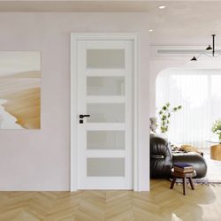 30"x80" CARB P2 Solid Core & Pre-Finished Thick SGCC Frosted Glass Doors, Interior Door for Room, 5-Panel Pre-Built Wood Panel w/o Prehung Jamb, Singl