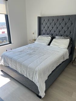Gray Upholstered Queen Bed Frame + Box Spring – $400 OBO