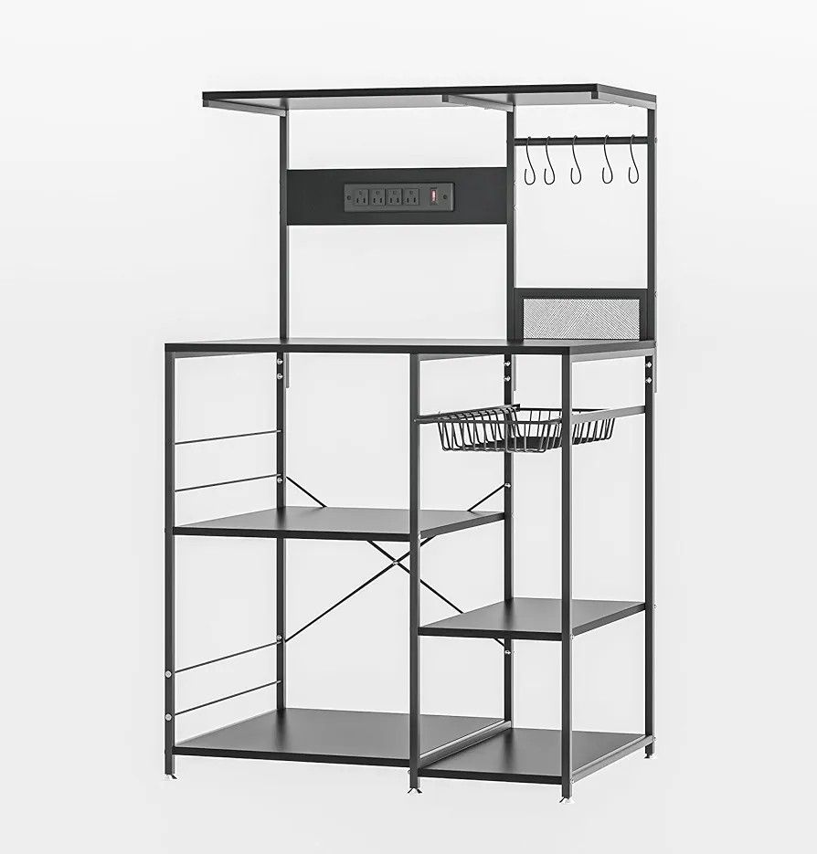 Kitchen Baking Rack with Power Outlet, 35.4 Inch 4-Tier Coffee Bar, Standing Microwave Table with 5 S-Hooks, Kitchen Rack with Wire Basket, Storage Ra