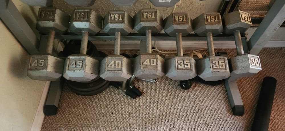 Vintage TSA Hex Weights 25-45 And Rack