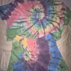 Victoria Secret PINK Tie-Dye Fleece Crew Neck/Dad Shorts 