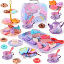 Kids Tea Party Set for 3 Year Old Girls Princess Tea Pretend Toy Kids Kitchen Pretend Play Tea Party Set Toys with Dessert Doughnut Carrying Case for 