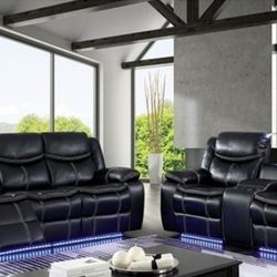Brand New Black Breathable Leatherette Power Recliners Built in LEDsCup Holders, Built-in Reading Light in Love Seat USB Charger Sofa And Love Seat 