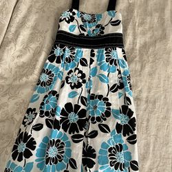 GIRLS SIZE 12 WHITE BLUE BLACK FLORAL FANCY PARTY DRESS SUNDRESS WEDDING — BEAUTIFUL CONDITION!