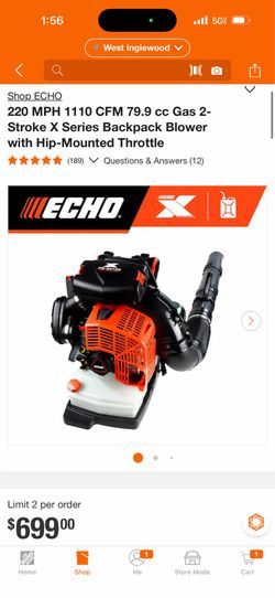 ECHO 220 MPH 1110 CFM 79.9 cc Gas 2-Stroke X Series Backpack Blower with Hip-Mounted Throttle
