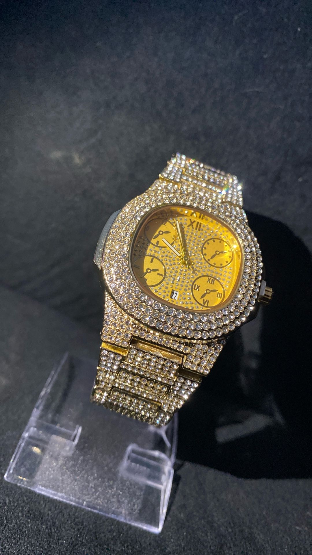 Yellow Gold Stainless Steel Water, Resistant Heavy Lab Diamond Watch New