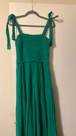 Green smocked tiered midi dress