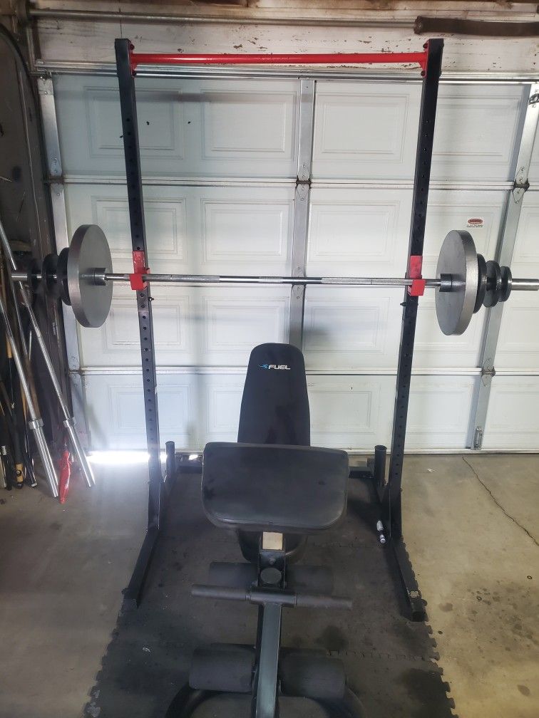 Olympic Squat Rack With Pull up Bar, Adjustable Bench, Weights &Bar 170lbs all together read Description Below 