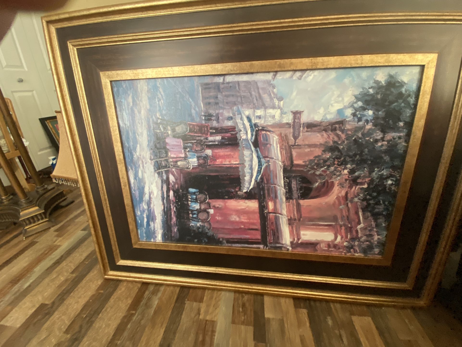 Large Framed Café Street Scene Art – Gold & Espresso Frame – 40”+