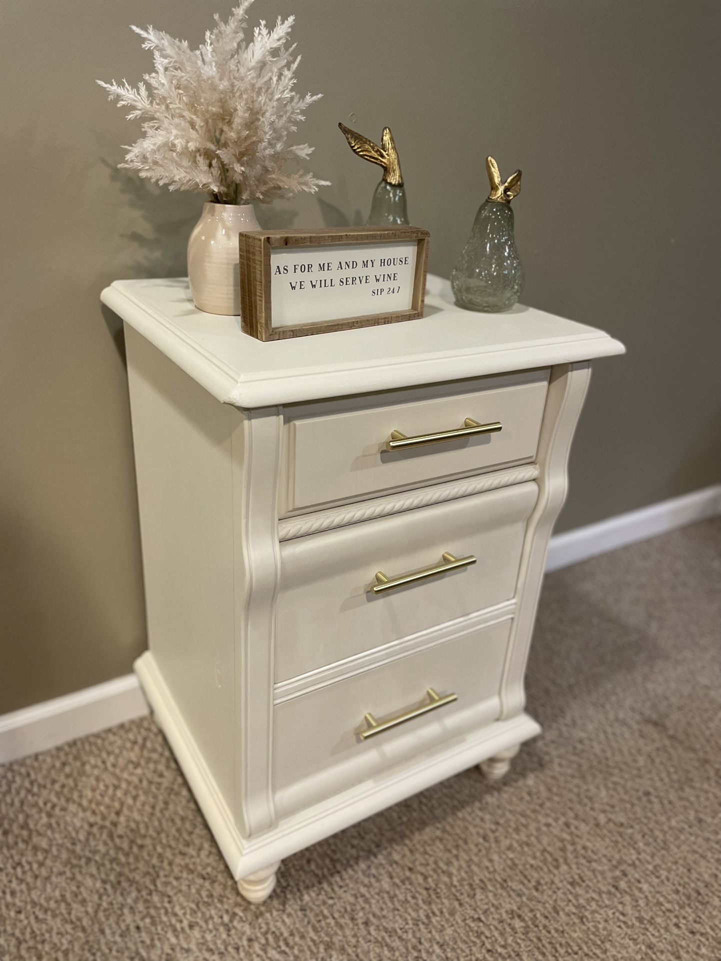 Refurbished Nightstand. Cream White Color With Brand New Gold Drawer Pulls. Dimensions:20x17x29in