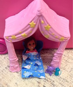 Barbie Skipper Babysitters Inc Pink Tent and Child Play Set Camping Outside