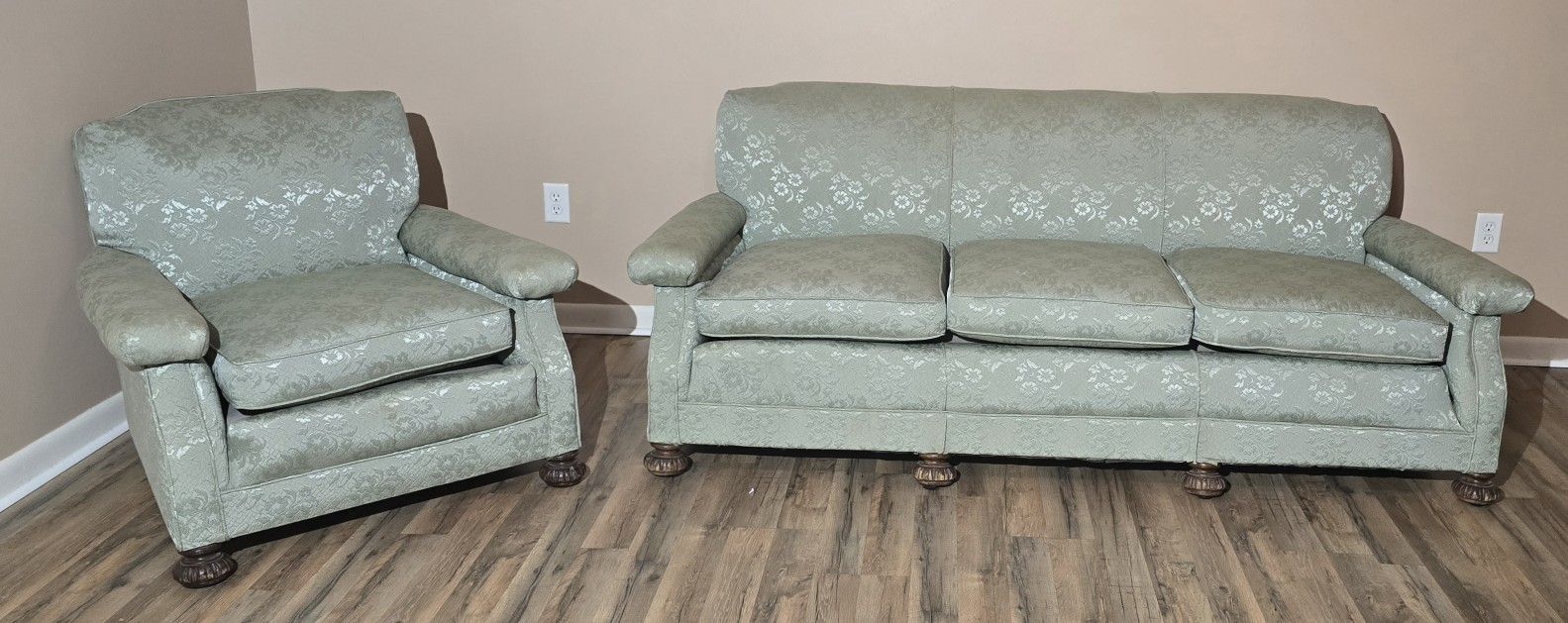 Vintage 1950's Sage Green Floral Couch/Sofa & Arm Chair (Selling as a set)