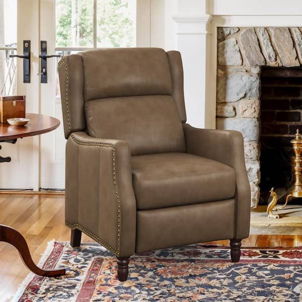 Grayish Brown Genuine Leather Nailhead Trim Recliner Armchair