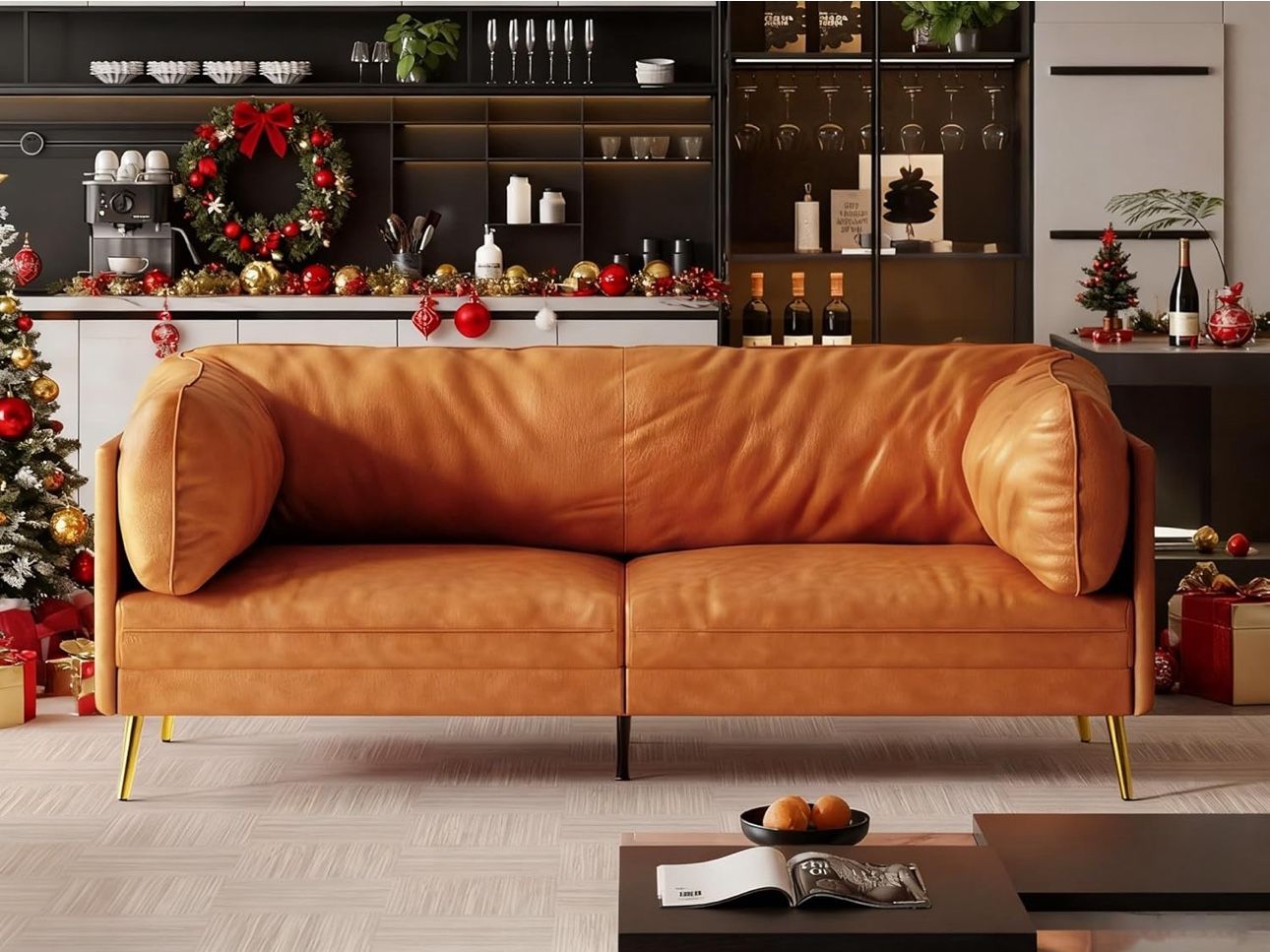 73'' Mid-Century Modern Couch, Small Loveseat, Orange Fabric Solid Wood Frame, Comfy Cushions, Tool-Free Assembly, for Office, Living Room,