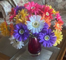Whitefriars #9647 Vintage Ruby Red Oval vase and colorful washable 34 daisies