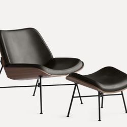 Burrow Vesper Leather & Wood Lounge Chair Slate/Walnut + Ottoman (in box) ❤️