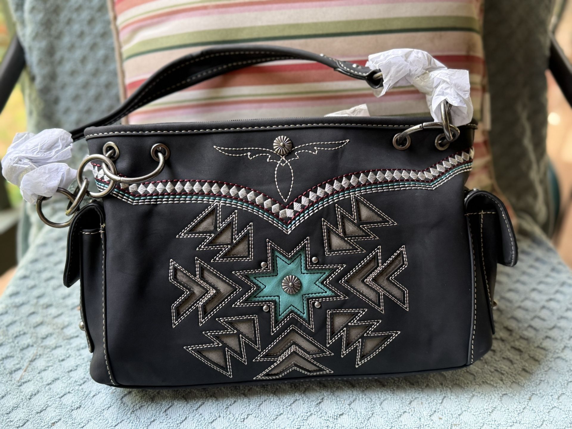 Montana West Women's Tote Bag; Black And Turquoise Detailing, Conceal And Carry