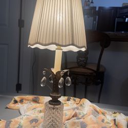Vintage Brass Lamp With Marble Base And Crystals 