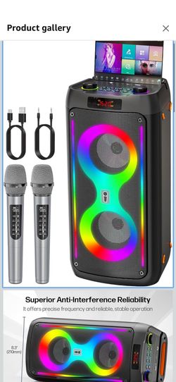 Karaoke Machine, Portable Bluetooth Speaker with 2 Wireless Microphones, PA System with Disco Lights for Big Party, Outdoor, Supports USB/TF/REC/AUX, 