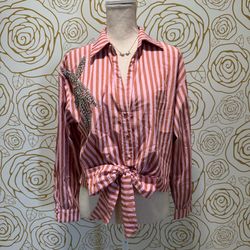 Milk & Honey striped pink and brown tie-front blouse with embellishment