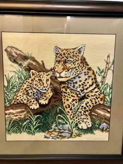 Framed Knitted Wall Art of Leopards Decor 24x24”