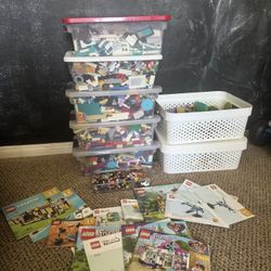 7 Bins Of Legos Plus Mini Figures and Booklets 