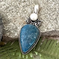 Apatite & Pearl Gemstone 2.5” Silver Pendant