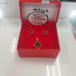 Red Authentic Van Cleef Pendant and Earrings Bundle