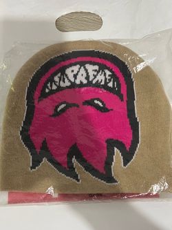 Tan Knit Beanie with Graphic Print Supreme