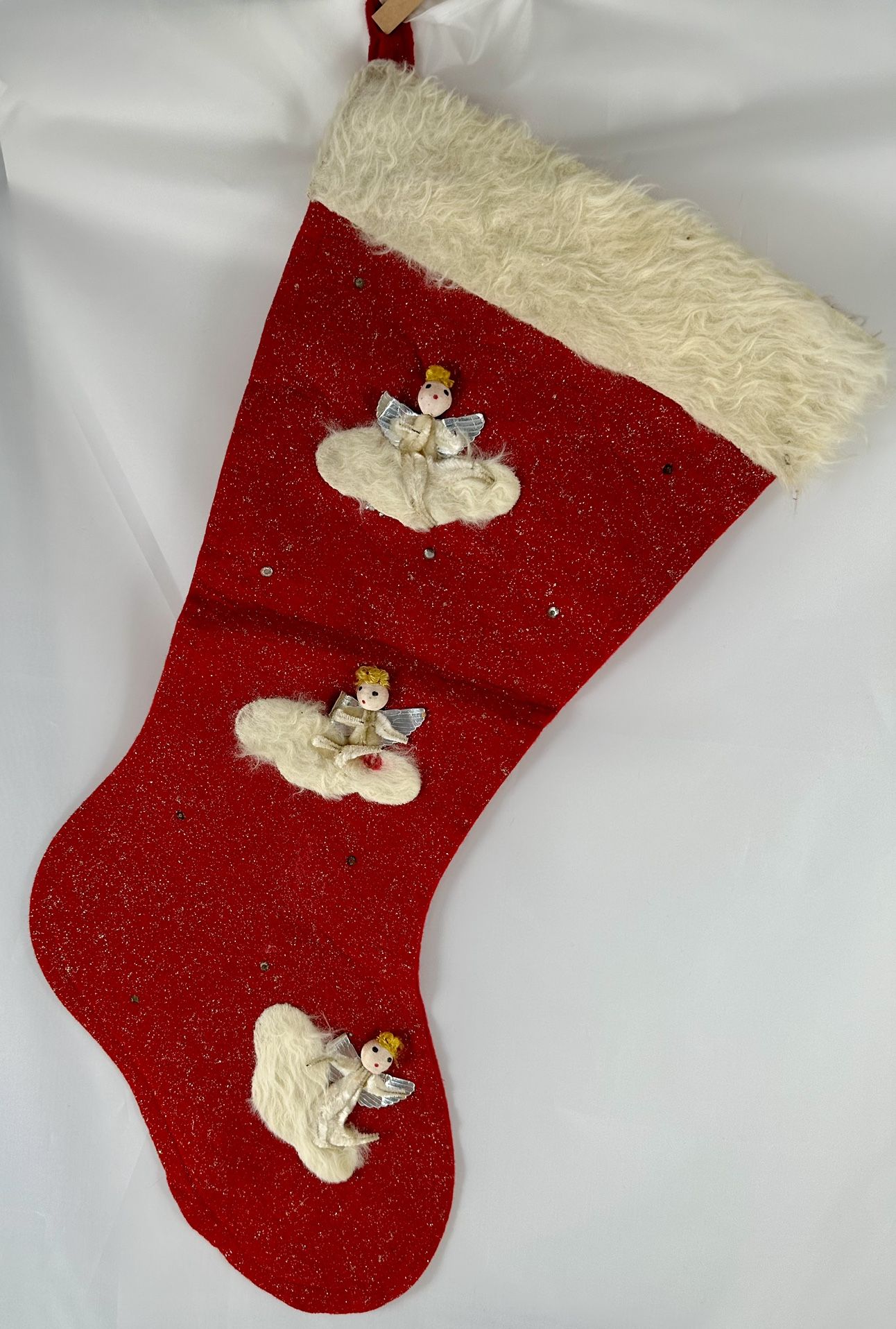 Vintage Christmas Stocking Foil Pipe Cleaner Angels Glitter Star Fur Trim