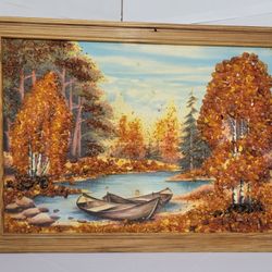 Framed Vintage Handmade USSR Soviet Amber Landscape Art 9.5"×13"
