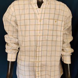 Orvis Button Down Shirt Men L White Blue Tan Plaid Long Sleeve 100% Linen

