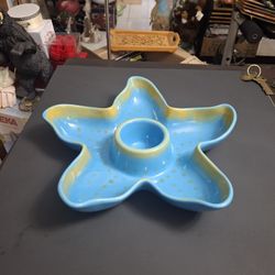 Large Starfish Shaped Blue W/Green Accents Stoneware Chip & Dip Bowl W/Central Well For Dips & Sauces-Dishwasher & Microwave Safe, Coastal Decor