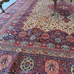 60 Year Old Large 9x8 Vintage Persian Kashan Red Navy Ivory Area Rug