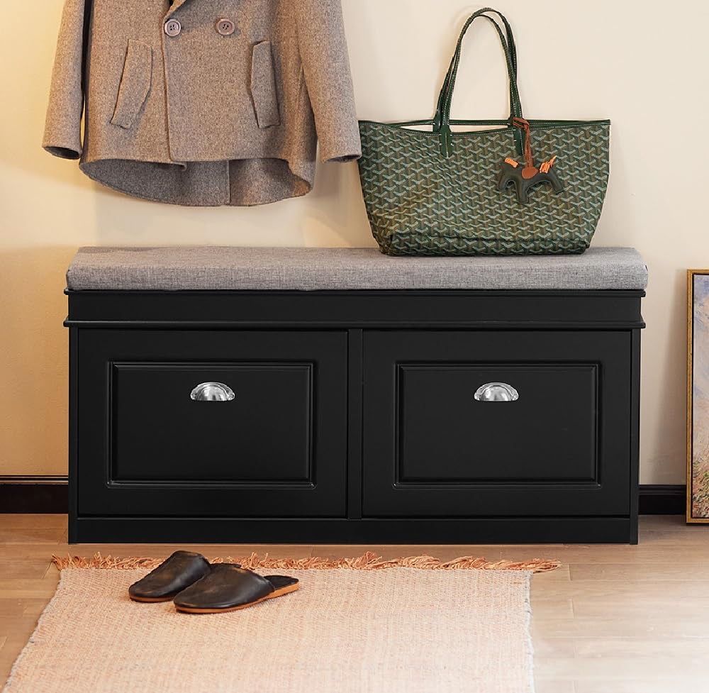 SoBuy Black Storage Shoe Bench with 2 Flip Drawers, Hidden Shoe Bench, Free Standing Shoe Rack, Shoe Cabinet, Hallway Storage Bench with Seat Cushion