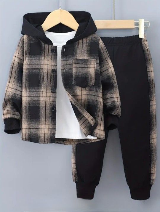 Toddler / Boys 4-5 Hoodie Plaid Shirt Jacket With Matching Jogger Pants