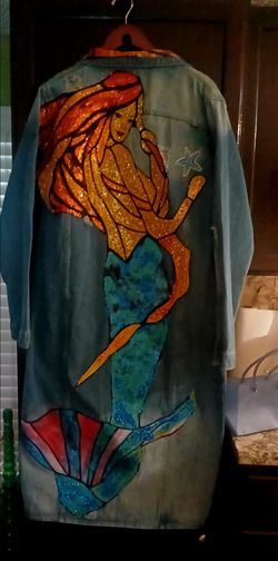 4x handcrafted mermaid long blue jean jacket