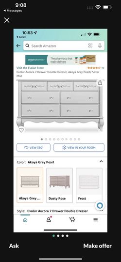 Evolur Aurora 7 Drawer Double Dresser, Akoya Grey Pearl/ Silver Mist
