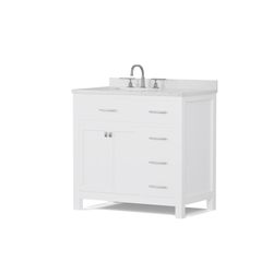 36” White Single Bathroom Vanity w Quartz Countertop Left Side Sink