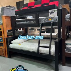 Twin Full Dark Brown Pinewood Bunk Bed With Mattresses Included 