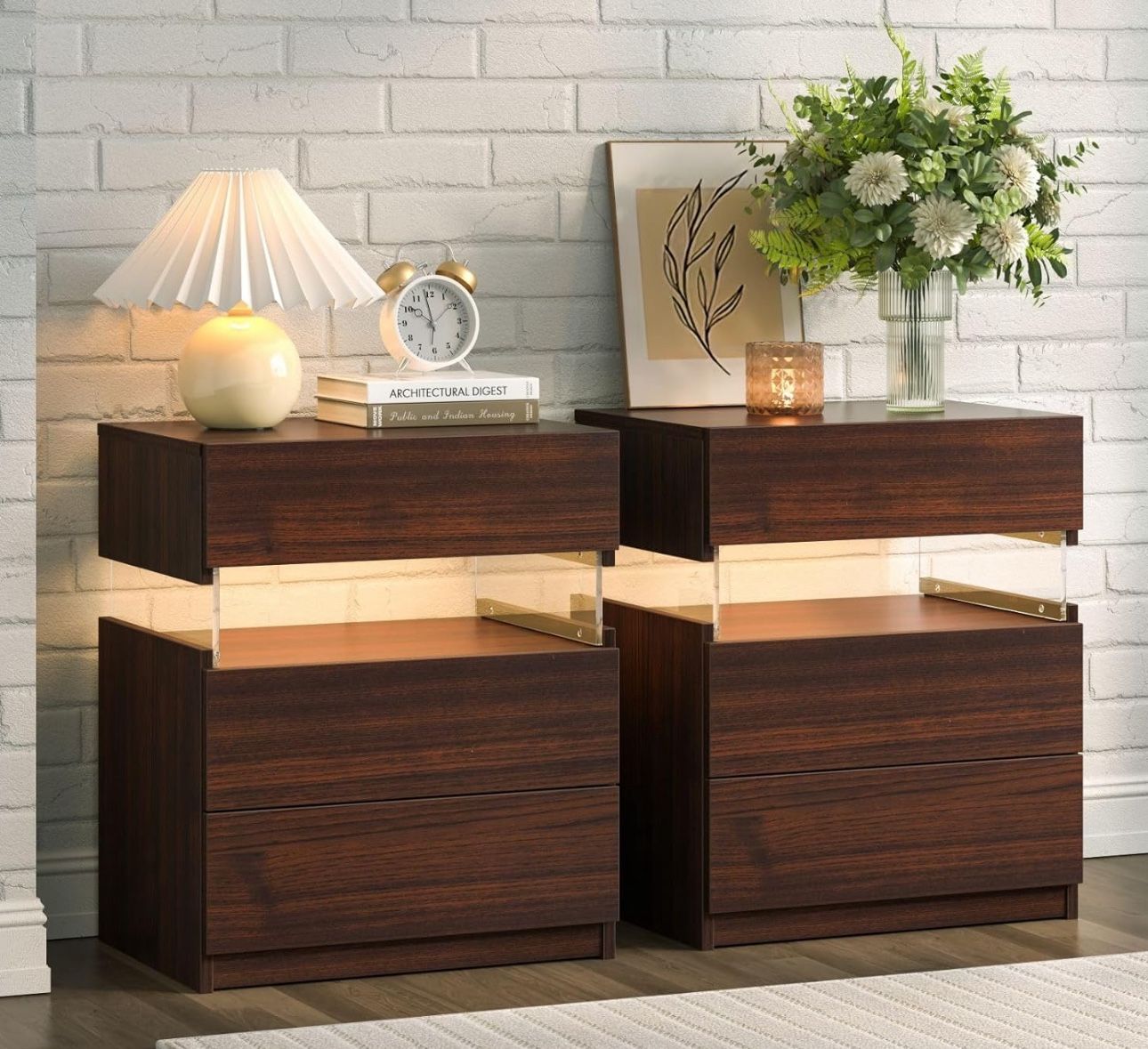 Modern Nightstands Bedside Table Night Stand Set 2, Set of 2 LED, for Bedroom, with 3 Drawers, End Side Table