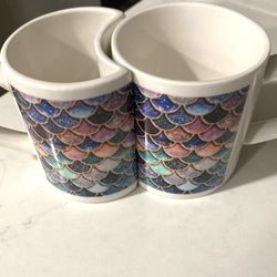 Glitter Mermaid Scales Coffee Mug Set - Made to perfectly fit together - with Heart Handles 