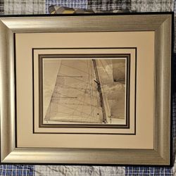 Vintage large matted and framed print of the sails on a sailing yacht. Beautiful print