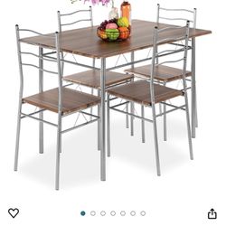 5-Piece 4ft Modern Wooden Kitchen Table Dining Set w/Metal Legs, 4 Chairs - Brown/Silver
