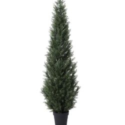 Laiwot 5FT Artificial Cedar Topiary Trees for  Outdoors Potted Fake Cypress Tree Faux Evergreen Plants for Porch Decor  Retail Price: $113.18