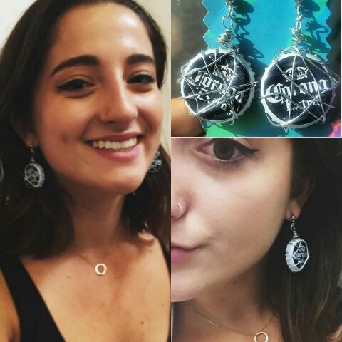 Wire-wrapped CORONA bottle-cap earrings!