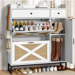 Modern White Shoe Cabinet with Storage Drawer & Boot Space