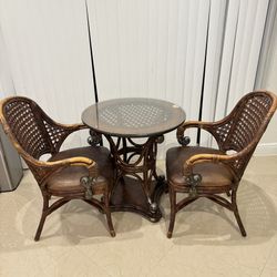 Set of 2 Dining Side Chairs and Round Dining Table Natural Rattan Wicker